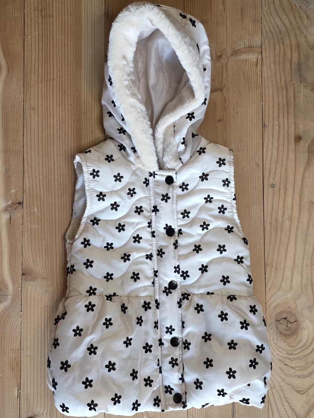Little Lass Girls Size 5 Floral Puffer Vest Hooded Faux Fur Trim